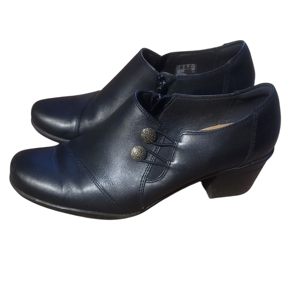Clarks Collection 8.5 Black Leather Button Zip Ankle Booties Shooties Block Heel